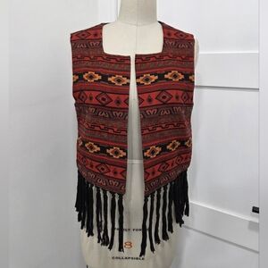 BCBG Geometric Tribal Black fringe Hem Vest SIZE S/M Urban Chic Indie
